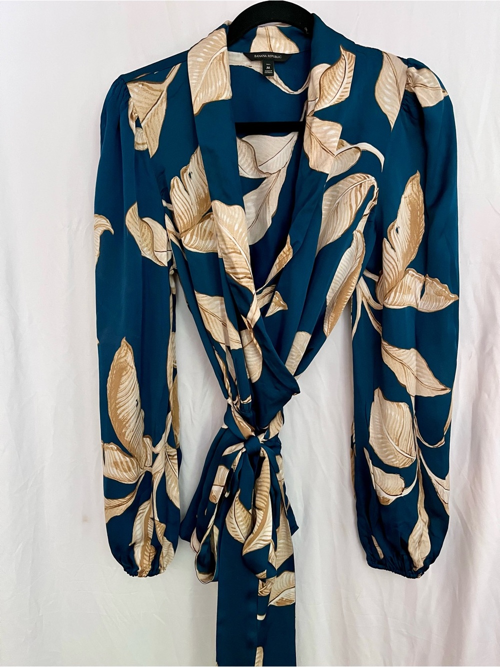 Banana Republic Teal Leaf-Print Tie-Front Blouse